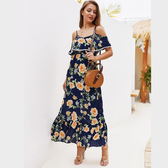 Navy Floral Cold Shoulder Ruffle Maxi Dress PomPom - Picture 2 of 7